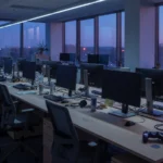 Empty office at dusk with a game controller on a desk, AI-generated illustration