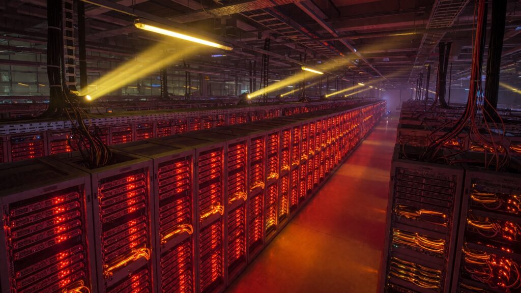 Rows of server racks glowing red and orange under dramatic industrial lighting