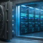 Bank vault door opening onto glowing server racks, AI-generated illustration