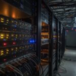 Rows of data center server racks glowing with status lights in a dim corridor at night