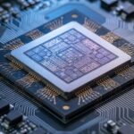 Close-up macro photograph of a custom AI accelerator chip on a circuit board