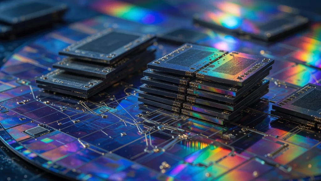 Stacked memory chips on an iridescent silicon wafer, AI-generated illustration