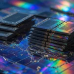 Stacked memory chips on an iridescent silicon wafer, AI-generated illustration