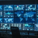 Security operations wall of monitors in a dark room, AI-generated illustration