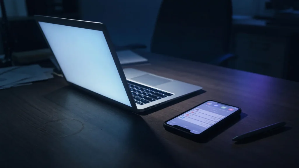Half-closed laptop glowing in a dark office beside a phone, AI-generated illustration