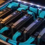 Open server chassis with GPU cards and cyan cabling, AI-generated illustration