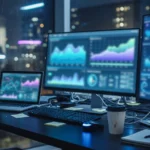 Newsroom desk at night with glowing monitors, AI-generated illustration