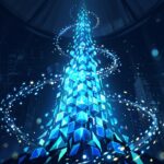 Abstract illustration of a rising column of glowing blocks assembling into a tower with orbiting light motes